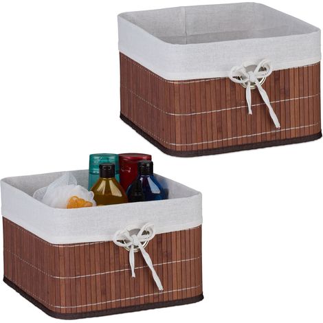 Relaxdays Aufbewahrungskorb 2er Set, Bambus, Stoffeinsatz, HBT: 20x31x31 cm, Körbchen Griffloch, Regalkorb, braun/weiß