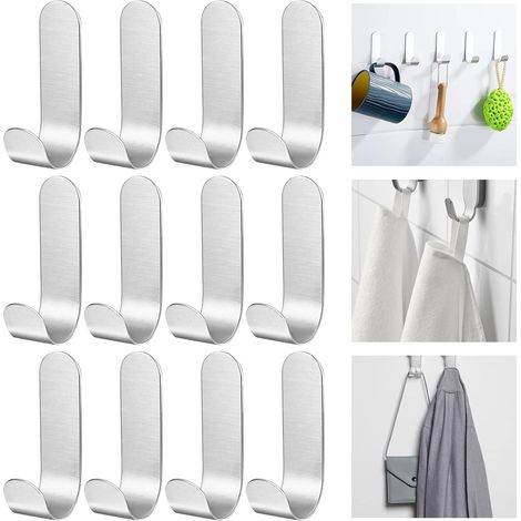 12 Stück Edelstahl-Wandklebehaken, Klebehaken, selbstklebender Haken, Edelstahl-Klebehaken, selbstklebende Wandhaken, für Badezimmer, Küche (1/5)