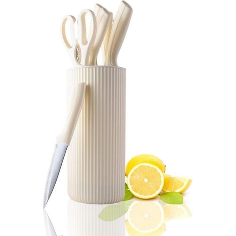 Set de 7 couteaux de cuisine avec bloc à couteaux, acier inoxydable, beige (1/4)
