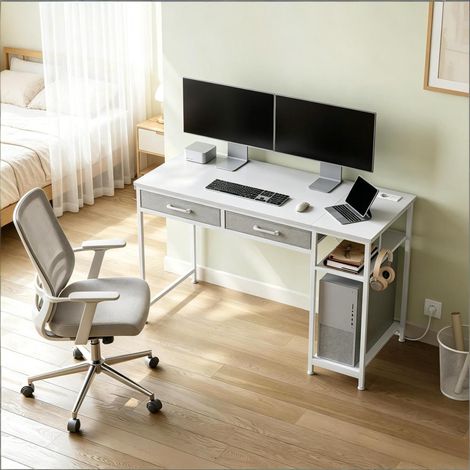 Bureau Informatique avec Station de Charge 2 Tiroirs Tissu Étagère Porte-Gobelet 120x51x75 cm Blanc (1/5)