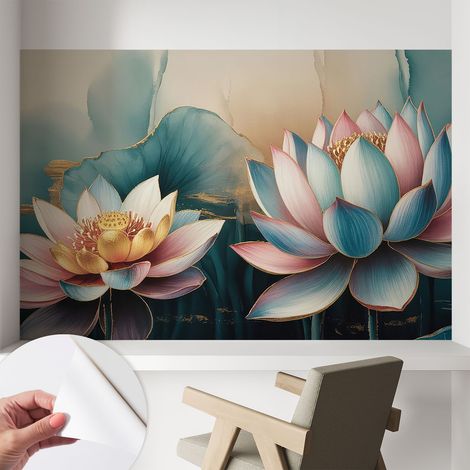 Papier peint autocollant Mural avec colle pour salon et chambre Décoration murale rapide Lotus de l'harmonie 104x70 cm (1/5)