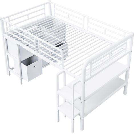 Kinder-Hochbett aus weißem Metall 90 x 200 cm mit Stauraum, breiter Treppe und Regalen MODENUIT (1/5)