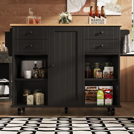Carrello da cucina separatori removibili Conservazione modulare piano effetto legno MDF e metallo 127x46x91.5cm Nero (1/5)
