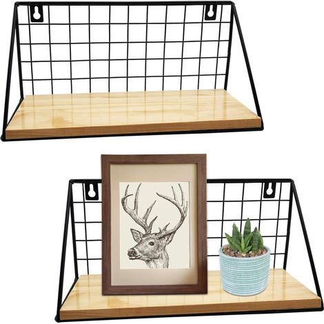 Set of 2 Rustic Wall Mounted Floating Wall Shelves, Modern Wooden Wall Mounted Storage Shelves with Metal Grid for Home Decor, Bathroom, Living Room, Kitchen