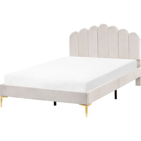 Cama de terciopelo con patas de metal cabecero y somier de láminas blanco crema 120 x 200 cm Sauvian (1/5)