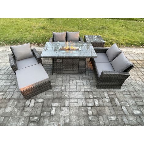Fimous Rattan Outdoor Garden Furniture Gas Fire Pit Table Sets Gas Heater with Love Sofa Armchair Big Footstool Side Table 6 Seater Dark Mixed Grey (1/5)