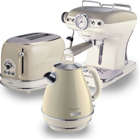Ariete ARPK4 Retro Style Jug Kettle, 2 Slice Toaster and Espresso Machine Set, Vintage Design, Beige