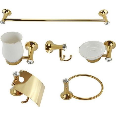 Cleafe - Set 6 Pz Accessori Bagno In Oro E Ceramica Con Punti Luce Cristalli In Acrilico -