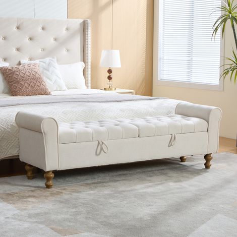 Panca Contenitore con 2 Coperchi Ribaltabili, Maniglie in Tessuto, Gambe in Legno Massello, Ciniglia Beige (1/5)