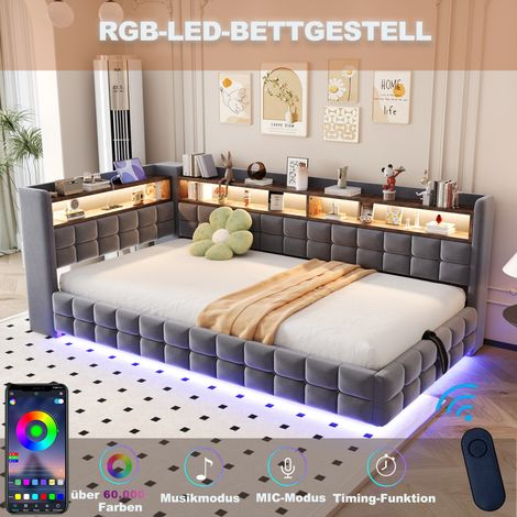 Canapé-lit matelassé multifonction 90x200 cm, coffre hydraulique de rangement, étagère en bois, bandeau LED, prises USB et Type-C, sommier à lattes, velours gris foncé (1/5)