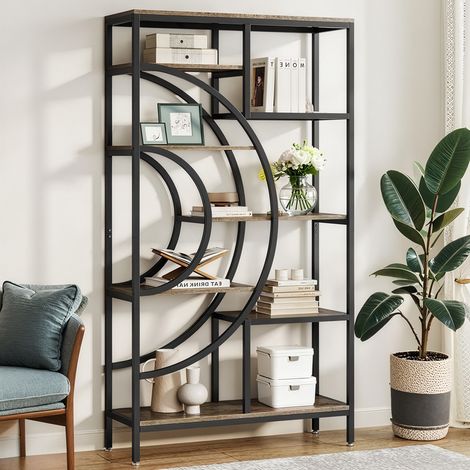 Geometrisches Bücherregal, 8-stöckiges Industrieregal, rustikales Bücherregal mit Metallrahmen für das Wohnzimmer, grau