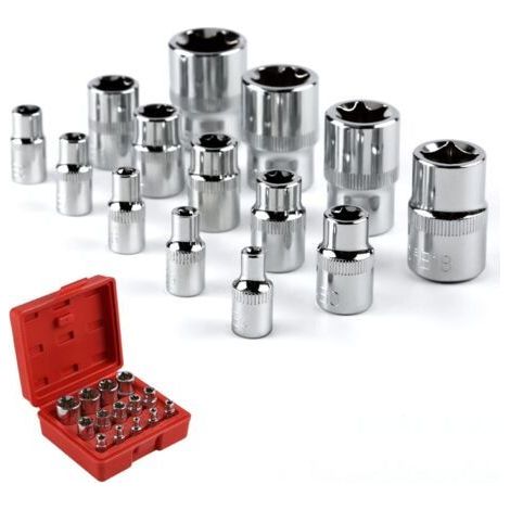 Douilles étoiles, 14 douilles étoiles E-Torx femelles Coffret de Douille Torx en Forme Etoile en Cr-V acier, 3 Spécifications 1/4\", 3/8\", 1/2\", avec Boîte Pratique (1/4)