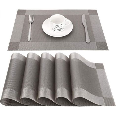Ineasicer Non-Slip PVC Placemats, Washable, Heat Resistant, Rectangular Vinyl Placemats for Restaurants, Kitchens or Dining Rooms, 45 x 30 cm, Set of 6 (Grey + Silver) (1/4)