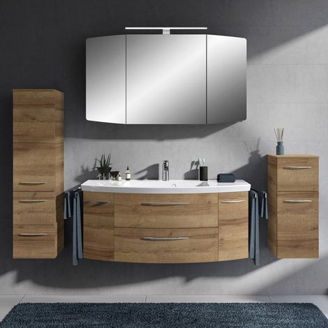 Badmöbel Komplett-Set mit 121cm Waschtisch und LED-Spiegelschrank CERVIA-66 in Riviera Eiche, B/H/T: 207/200/50,5 cm (1/5)