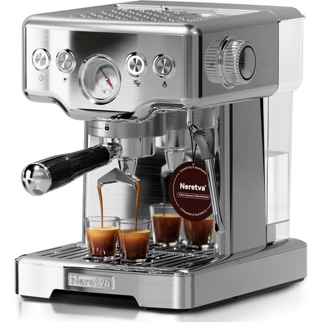 Machine à Café, Cafetière Expresso 15 Bars avec Manomètre Visible Expresso Machine à Café en Acier Inoxydable 1,8 L avec Mousseur à Lait Puissant pour Espresso, Cappuccino, Latte & Macchiato