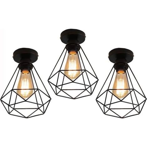 U-Do 3Pcs Plafonnier Cage forme Diamant en Fer Noir design Vintage E27 40W (1/4)