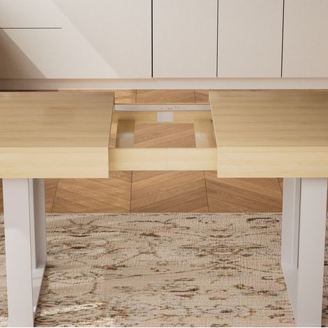Table à manger extensible 120-160 cm en bois naturel et blanc, style rétro moderne, pour 8 personnes (1/5)