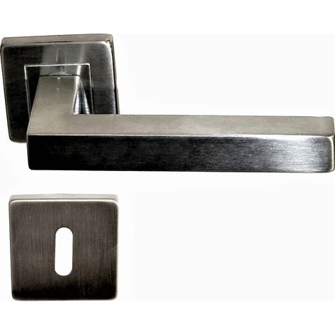 Manilla de Puerta COLETTE Cuadrada de 20 x 10 con Rosetas de Acero inoxidable 304, Finamente Satinada. Sección de la manivela: 2  +1 Pareja de rosas con agujero de llave