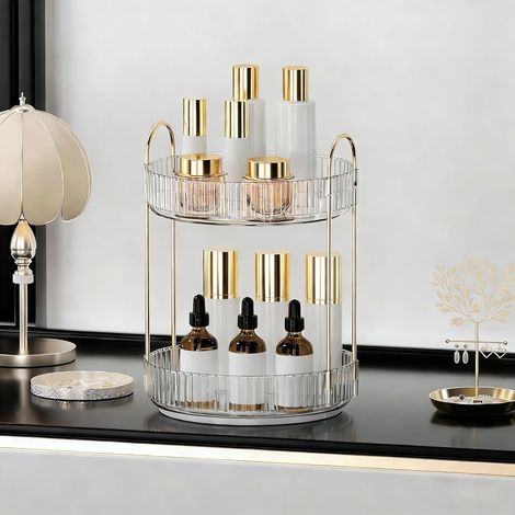 Organisateur Maquillage Rotatif, Rangement Maquillage Rotatif 360°, Soins de Beauté, Organisateur de Parfums Pour Chambre à Coucher, Salle de Bain, 2 Niveaux, Transparent (1/5)