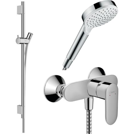 Pack mezclador mecánico de ducha de cartucho 2 velocidades HANSGROHE Vernis Blend + barra Unica S Puro + flexible + rociador Crometta blanco/cromo