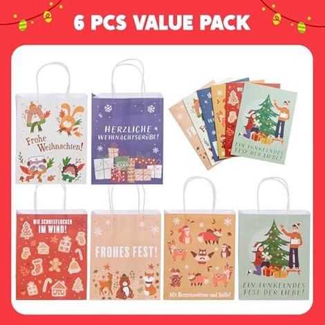 Lot de 6 sacs cadeaux de Noël avec 6 cartes de Noël pour décorer, sacs en papier kraft pour Noël, emballage cadeau
