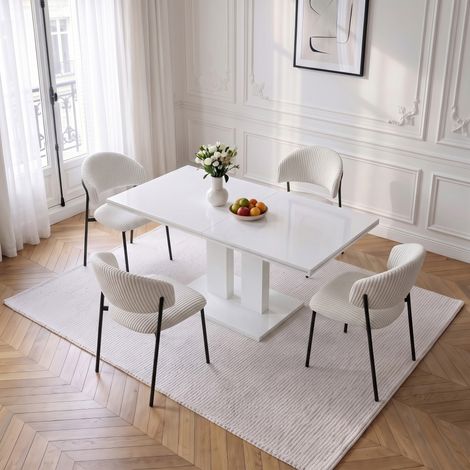 Ensemble de table à manger extensible, table à manger blanche brillante de 140 à 180 cm avec chaises, table de cuisine et de salle à manger moderne à piètement en colonne, idéale pour la salle à mange