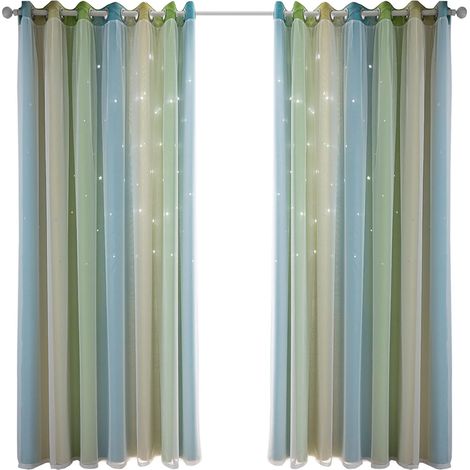 Cortinas opacas coloridas con diseño de estrellas, doble capa para dormitorio de niñas, sala de estar, cortinas aislantes de tela de poliéster (verde 53" de ancho x 108") (1/2)