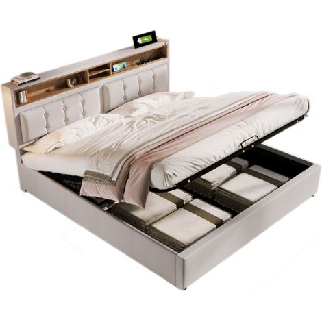 Polsterbett Doppelbett mit USB C Steckdose Ladefunktion Kopfteil,Stauraumbetten Bettgestell aus Leinenmaterial Jugendbett  mit lattenrost(Mit Matratze)