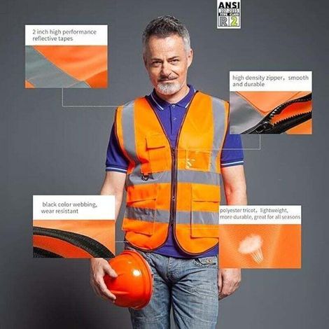 Gilet de sécurité réfléchissant haute visibilité avec poches zippées sur le devant - Conforme aux normes ANSI/ISEA(couleur orange-Taille: L)