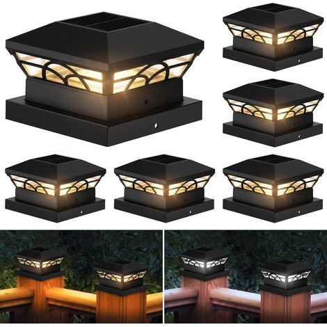 Luces solares para postes, paquete de 6 luces solares para postes de cerca de terraza de 3,5 x 3,5 pulgadas, 4 x 4 pulgadas y 5 x 5 pulgadas de madera o vinilo, luces solares para postes con iluminaci (1/5)