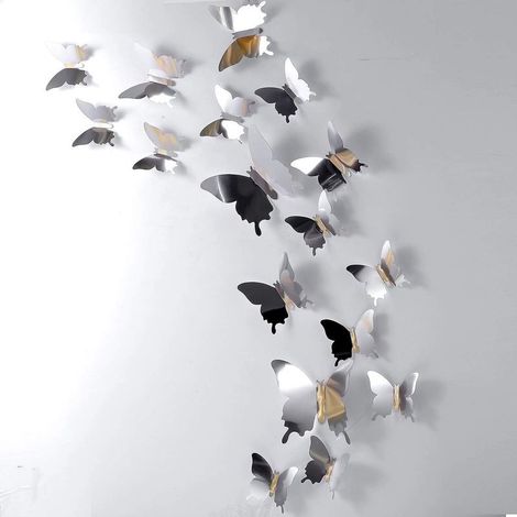 Lot de 48 autocollants muraux 3D en forme de papillon, miroir argenté, matériau PET, style art déco, décoration murale (1/5)