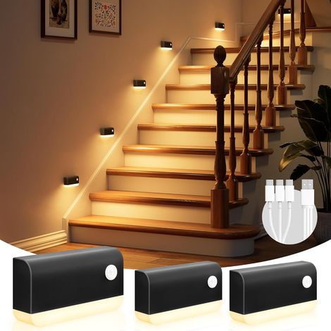 Veilleuse Détecteur de Mouvement, Lot de 3 Lampe Detecteur de Mouvement Interieur avec 2 Mode lumière et 1200mAh Batterie, Lampe Veilleuse pour Escalier, Couloir, Chambre, Armoire (Noir) (1/5)