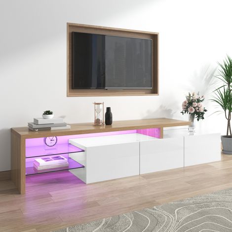 Mueble TV 197,5 cm con estantes de cristal, LED multicolor, blanco y madera DESVIAE (1/5)