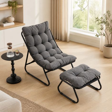Outdoor-Sessel mit Hocker, schwarzem Stahlgestell und grauem Polster HAVRYA (1/5)