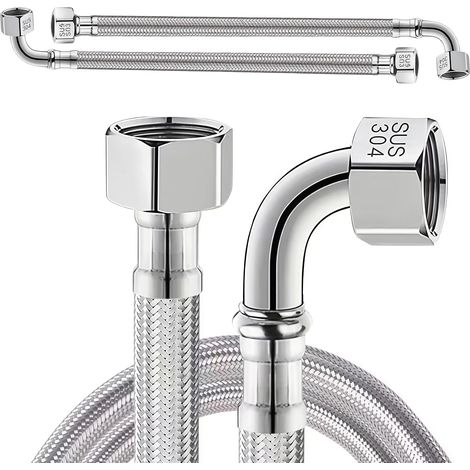2 tuyaux flexibles (3/8" Üwm x 3/8" Üwm (coudes à 90°), tuyau flexible en acier inoxydable de 30 cm, tuyau flexible blindé de avec coudes à 90°, tuyau pour robinet, robinet d'arrêt (1/5)
