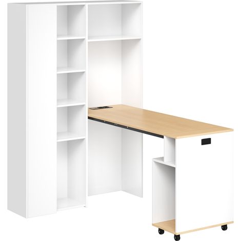 Escritorio plegable 2 en 1 con estantería, MDF blanco, toma EU y USB (1/5)