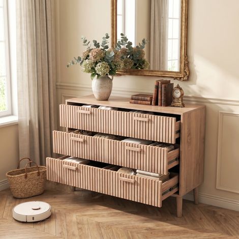 Commode 100x34x73 cm pour chambre, salon et entrée - Buffet de rangement avec 6 tiroirs et dispositif anti-basculement - Bois - Marron (1/5)