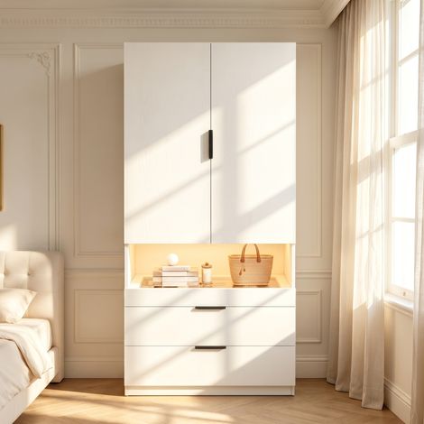 Armoire chambre 90x50x200 cm, Penderie moderne avec éclairage LED, avec tiroir à bijoux en verre, Dressing robuste en MDF style scandinave, Blanc (1/5)