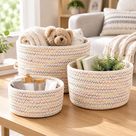 Lot de 3 paniers de rangement en corde de coton tissée, pliables, bacs de chambre d'enfant : petit, moyen et grand, point de croix arc-en-ciel (1/5)