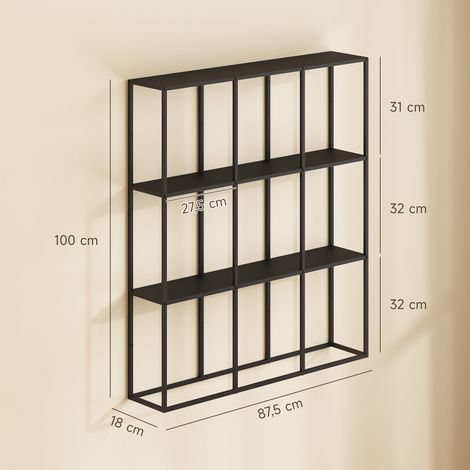 Étagère murale industrielle à 9 compartiments, en métal, idéale pour les objets de collection et la décoration intérieure, noire. (1/5)