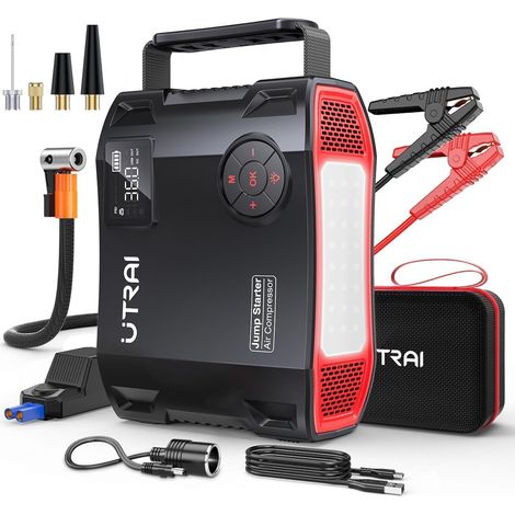 27000mAh Booster Batterie Voiture 8000A, Demarreur Batterie Voiture avec 1600 Lumens LED, Gonfleur, Sortie CC 160 W, 18W Charge Rapide, Jump Starter Portable (Tous Gaz ou 12L Diesel)