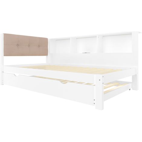 Cama banco 90x200 cm blanca con cama nido, LED regulable, estante y puerto USB, pino y MDF (1/5)