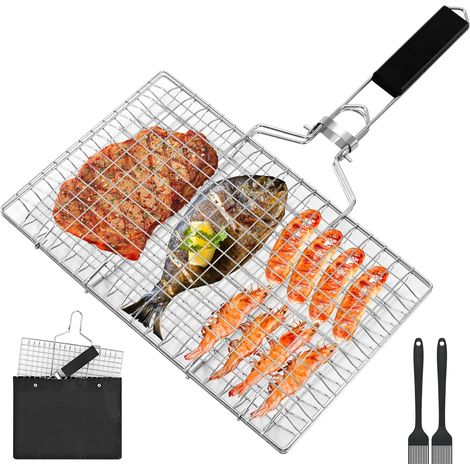 Panier à griller pliable et polyvalent pour poissons, légumes, crevettes et viandes, idéal pour le barbecue ou la cuisine en plein air, comprend une pochette de rangement et deux pinceaux à badigeonne (1/5)