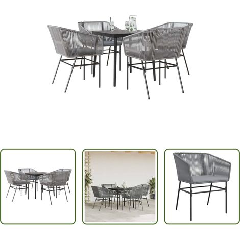 Gartentisch - 5-tlg. Garten-Essgruppe mit Kissen Grau Poly Rattan Glas (1/5)