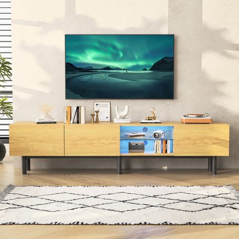 Meuble TV,meuble,Meuble TV avec pieds en fer couleur chêne avec trois portes et une grille avec lumières colorées,lumière LED réglable,175x31x41cm --SUNFECILI (1/5)