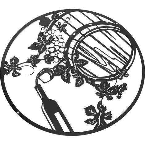 Décoration murale ronde de 30 cm en forme de bouteille de vin et de feuille de vigne, sculpture en fer forgé ajourée, idéale pour la maison, un bar ou un restaurant. (1/5)