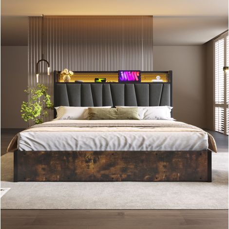 Lit double 180x200 cm gris en lin avec tête de lit LED, USB et sommier à lattes (1/5)