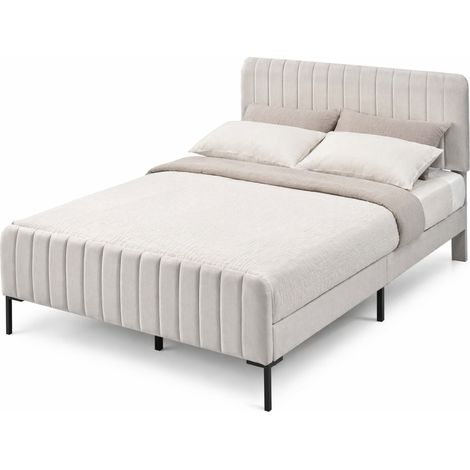Lit double 160 x 200 cm rembourré avec sommier à lattes, tête de lit réglable, revêtement effet lin gris-beige, structure bois et métal pour chambre moderne - CHICFURN (1/5)