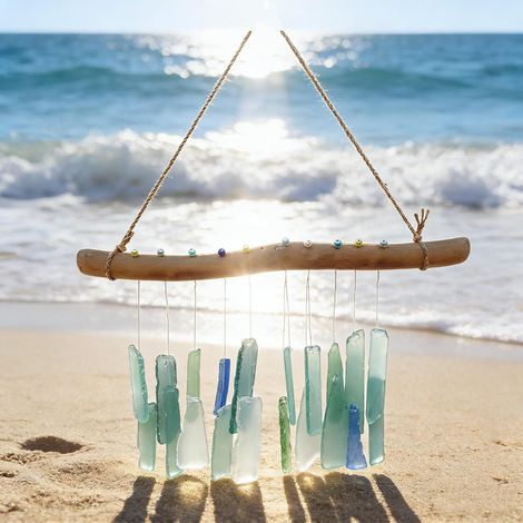 Carillon éolien en bois flotté authentique en verre de mer intégré pour décoration naturelle dans les espaces résidentiels ou commerciaux (1/5)