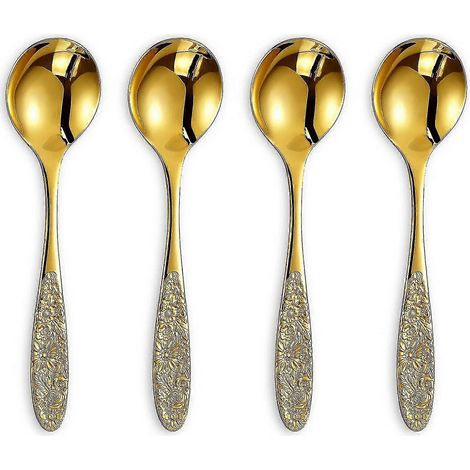 Cuillères à soupe tournesol, lot de 4, acier inoxydable 18/10, cuillères à bouillon Gold Visions, finition polie miroir. (1/4)